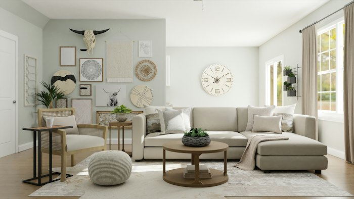 Warm contemporary living room with a modular sofa and coffee table.
